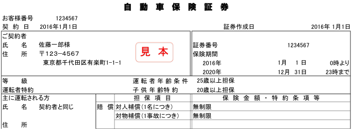 任意保険証書サンプル